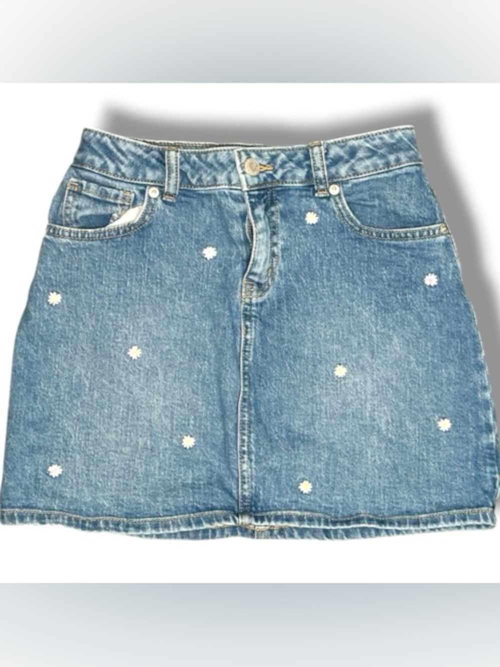 Cat & Jack Girls Denim Skirt Size 10/12 Blue Daisy Embroidered Jean Skirt